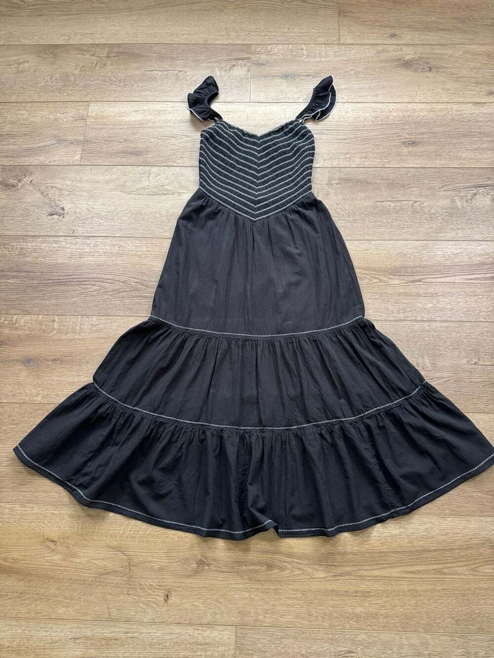 American Eagle Black Smocked Tiered Midi Dress Flutter Strap Cottagecore S - Picture 2 of 12